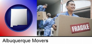 movers unloading a moving van and carrying a fragile box in Albuquerque, NM