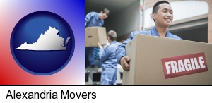 movers unloading a moving van and carrying a fragile box in Alexandria, VA