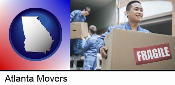 movers unloading a moving van and carrying a fragile box in Atlanta, GA
