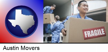 movers unloading a moving van and carrying a fragile box in Austin, TX