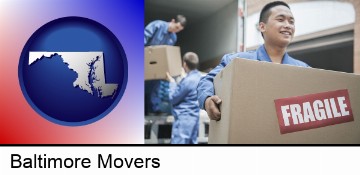 movers unloading a moving van and carrying a fragile box in Baltimore, MD