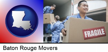 movers unloading a moving van and carrying a fragile box in Baton Rouge, LA