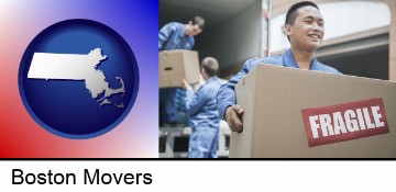 movers unloading a moving van and carrying a fragile box in Boston, MA
