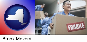 movers unloading a moving van and carrying a fragile box in Bronx, NY