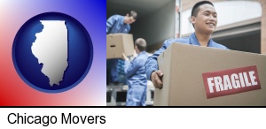 Chicago, Illinois - movers unloading a moving van and carrying a fragile box