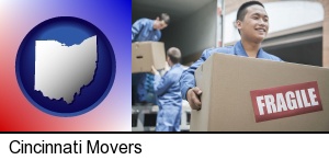 movers unloading a moving van and carrying a fragile box in Cincinnati, OH