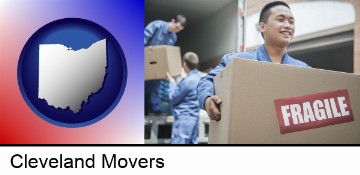 movers unloading a moving van and carrying a fragile box in Cleveland, OH