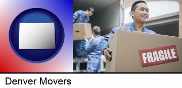 movers unloading a moving van and carrying a fragile box in Denver, CO