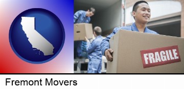 movers unloading a moving van and carrying a fragile box in Fremont, CA