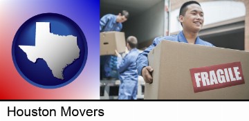 movers unloading a moving van and carrying a fragile box in Houston, TX