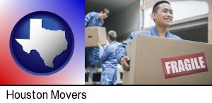 Houston, Texas - movers unloading a moving van and carrying a fragile box
