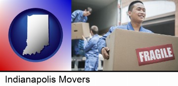movers unloading a moving van and carrying a fragile box in Indianapolis, IN
