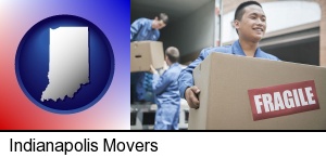 Indianapolis, Indiana - movers unloading a moving van and carrying a fragile box