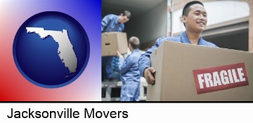 movers unloading a moving van and carrying a fragile box in Jacksonville, FL