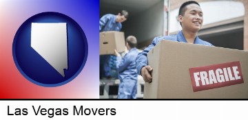 movers unloading a moving van and carrying a fragile box in Las Vegas, NV