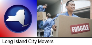 movers unloading a moving van and carrying a fragile box in Long Island City, NY