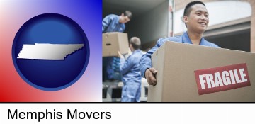 movers unloading a moving van and carrying a fragile box in Memphis, TN