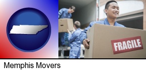 Memphis, Tennessee - movers unloading a moving van and carrying a fragile box