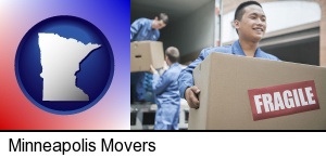 Minneapolis, Minnesota - movers unloading a moving van and carrying a fragile box