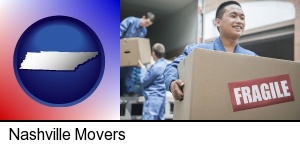 Nashville, Tennessee - movers unloading a moving van and carrying a fragile box