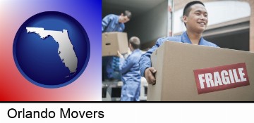 movers unloading a moving van and carrying a fragile box in Orlando, FL