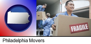 movers unloading a moving van and carrying a fragile box in Philadelphia, PA