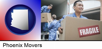 movers unloading a moving van and carrying a fragile box in Phoenix, AZ