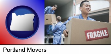 movers unloading a moving van and carrying a fragile box in Portland, OR