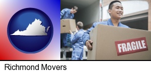movers unloading a moving van and carrying a fragile box in Richmond, VA