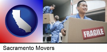 movers unloading a moving van and carrying a fragile box in Sacramento, CA