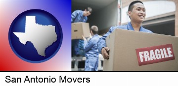movers unloading a moving van and carrying a fragile box in San Antonio, TX