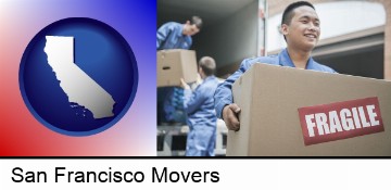 movers unloading a moving van and carrying a fragile box in San Francisco, CA