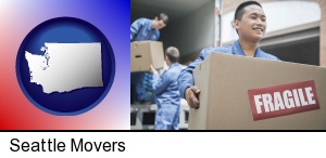 movers unloading a moving van and carrying a fragile box in Seattle, WA