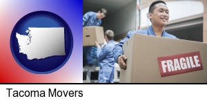movers unloading a moving van and carrying a fragile box in Tacoma, WA