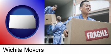 movers unloading a moving van and carrying a fragile box in Wichita, KS