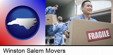 movers unloading a moving van and carrying a fragile box in Winston Salem, NC