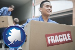 alaska map icon and movers unloading a moving van and carrying a fragile box