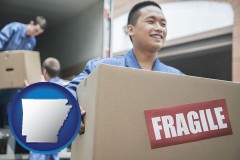 arkansas map icon and movers unloading a moving van and carrying a fragile box
