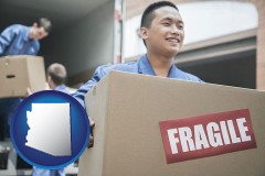 arizona map icon and movers unloading a moving van and carrying a fragile box