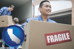 california map icon and movers unloading a moving van and carrying a fragile box