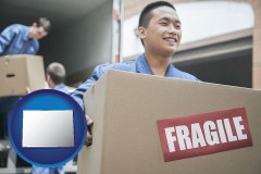 colorado map icon and movers unloading a moving van and carrying a fragile box