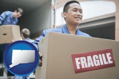 connecticut map icon and movers unloading a moving van and carrying a fragile box