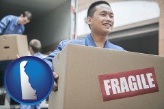 delaware map icon and movers unloading a moving van and carrying a fragile box