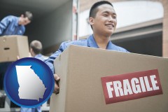 georgia map icon and movers unloading a moving van and carrying a fragile box