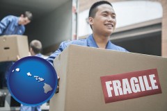 hawaii map icon and movers unloading a moving van and carrying a fragile box