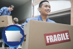iowa map icon and movers unloading a moving van and carrying a fragile box
