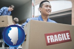 illinois map icon and movers unloading a moving van and carrying a fragile box