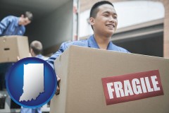 indiana map icon and movers unloading a moving van and carrying a fragile box