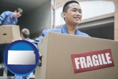kansas map icon and movers unloading a moving van and carrying a fragile box