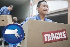massachusetts map icon and movers unloading a moving van and carrying a fragile box
